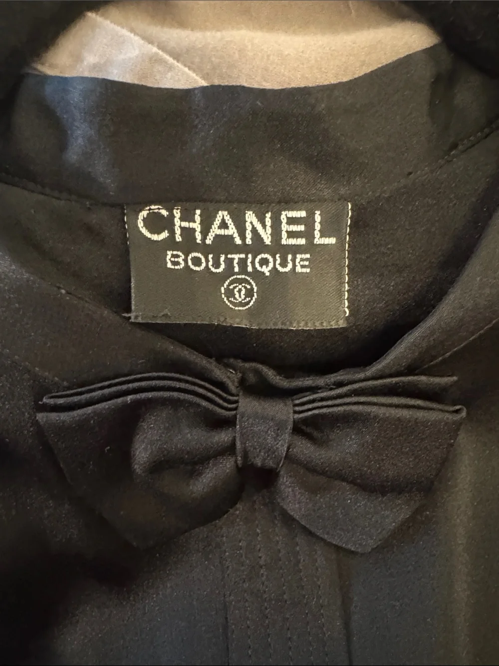 CHANEL Black Silk Bow-Collar Blouse with Gold CC Buttons